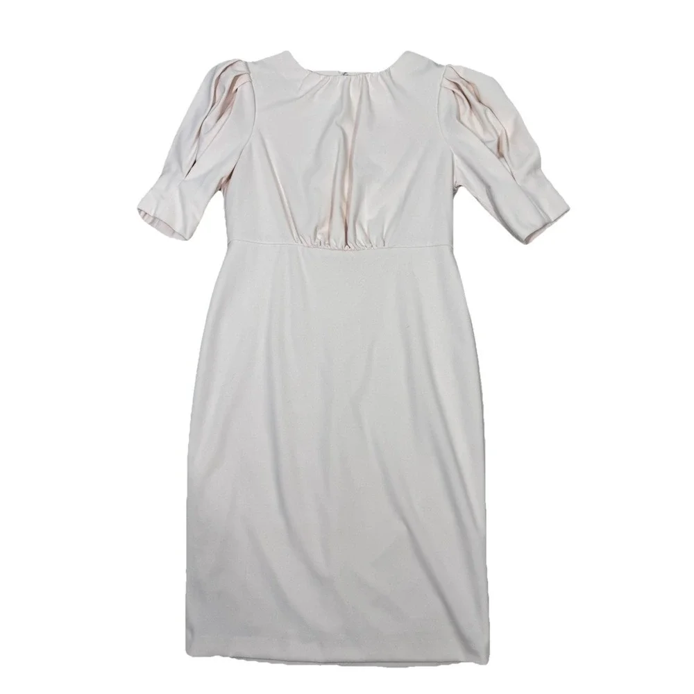 Calvin Klein Blush Pink Puff Sleeve Midi Sheath Dress Open Back Size 12 Wedding‎